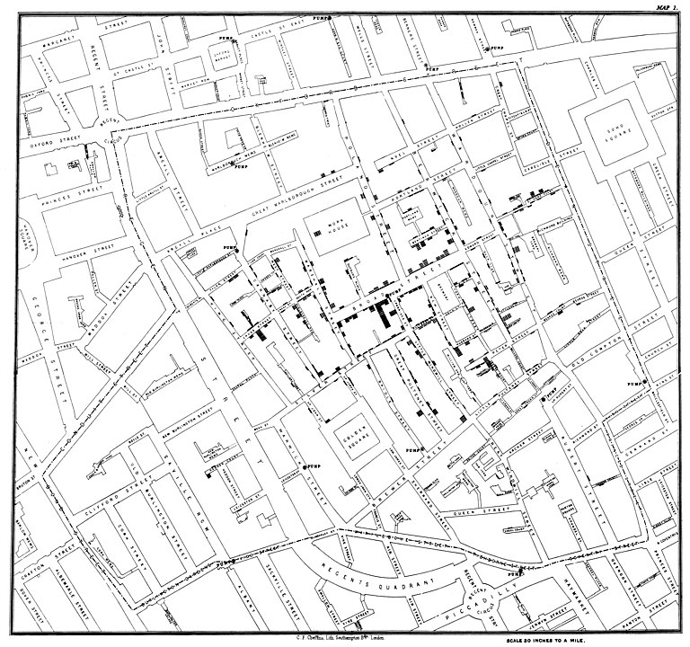 John Snow's original map of the Broad Street pump. https://commons.wikimedia.org/wiki/File:Snow-cholera-map-1.jpg